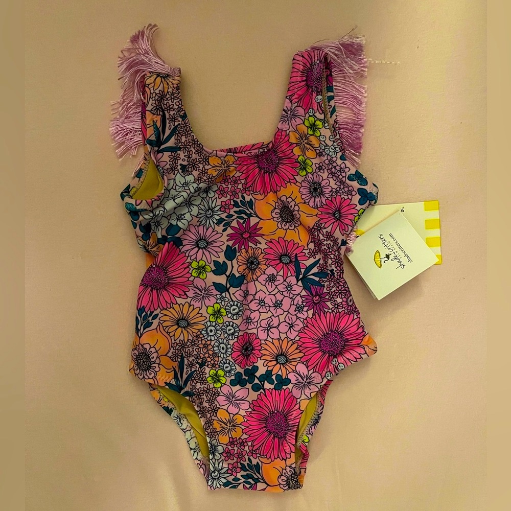 Shadecritters Mod Pink Floral Fringe Back Girls One Piece Swimsuit 6-12 months